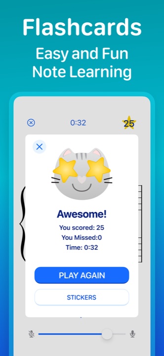 Flashcard session summary showing score, missed notes, and time, with sticker rewards